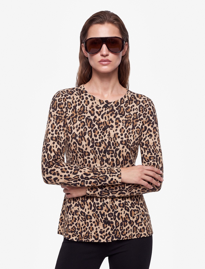  Slim Bisiklet Yaka Uzun Kollu Leopar Desenli Peplum Hırka