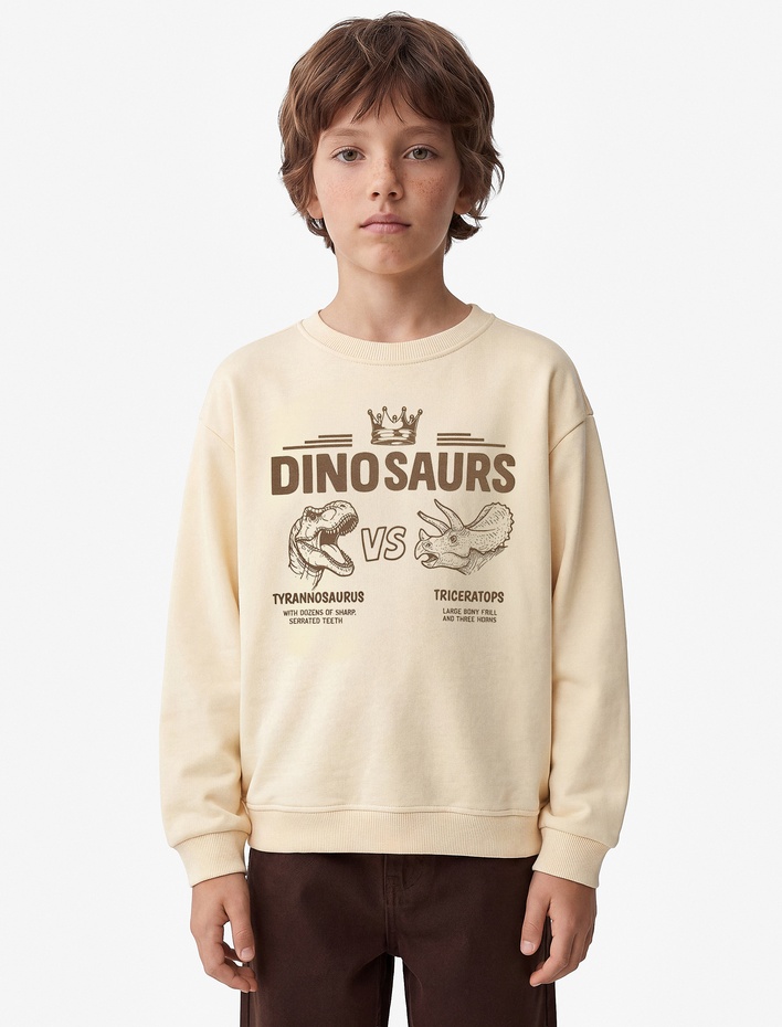 Erkek Çocuk Dinozor Baskılı Bisiklet Yaka Uzun Kollu Oversize Sweatshirt