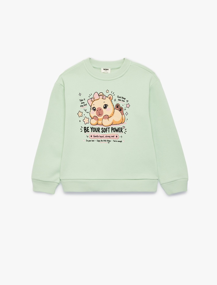 Kız Çocuk Hayvan Baskılı Şardonlu Bisiklet Yaka Uzun Kollu Sweatshirt