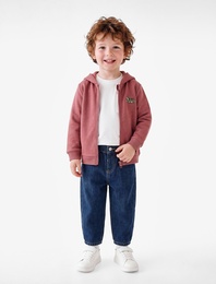 Uzun Kollu Baskılı Cepli Şardonlu Fermuarlı Kapşonlu Sweatshirt