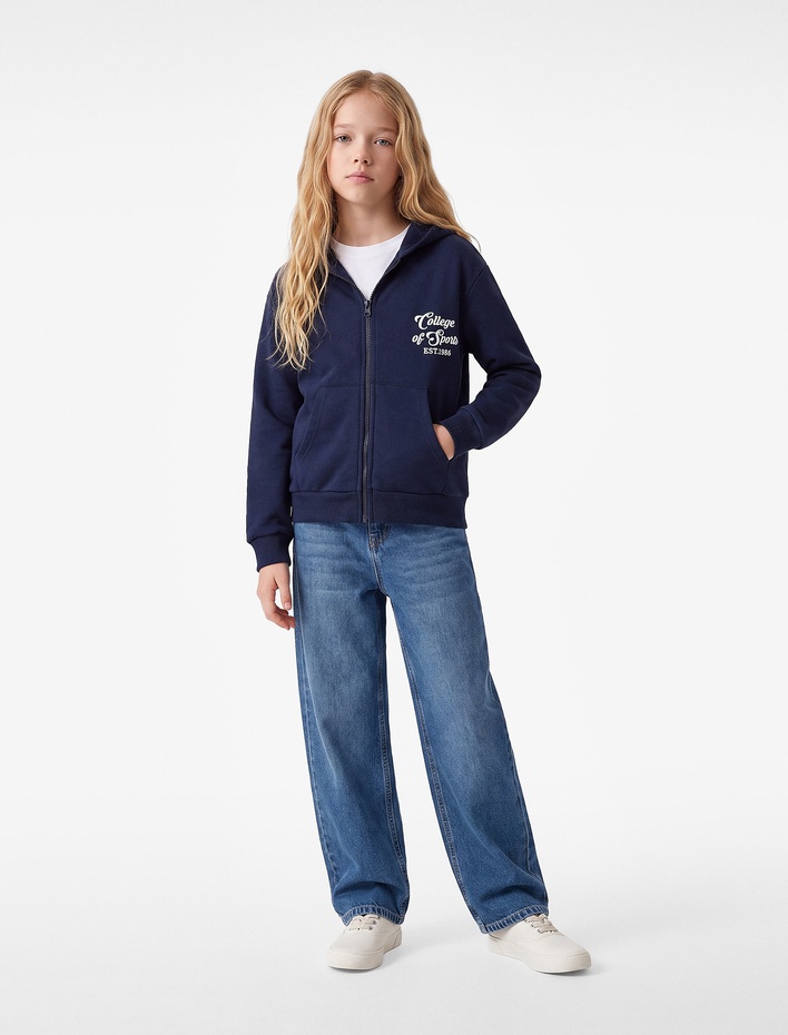 Kız Çocuk Cepli Uzun Kollu Baskılı Oversize Kapşonlu Fermuarlı Sweatshirt