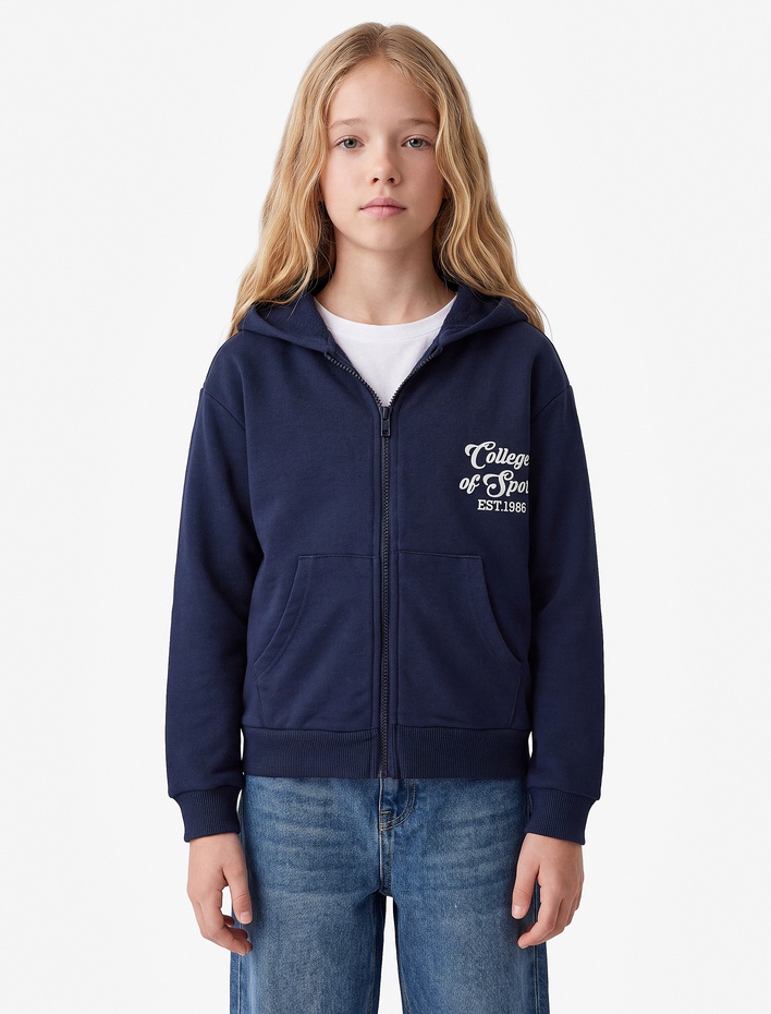 Kız Çocuk Cepli Uzun Kollu Baskılı Oversize Kapşonlu Fermuarlı Sweatshirt
