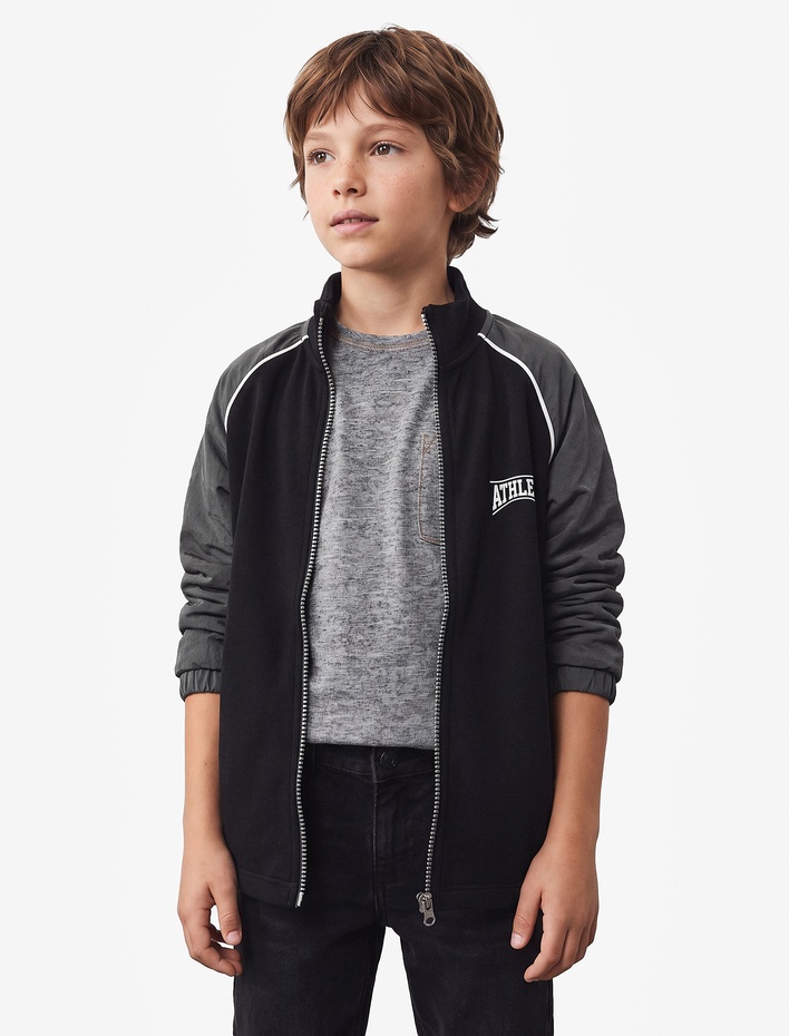 Erkek Çocuk Pamuklu Cep Detaylı Uzun Kollu Şardonlu Dik Yaka Fermuarlı Sweatshirt