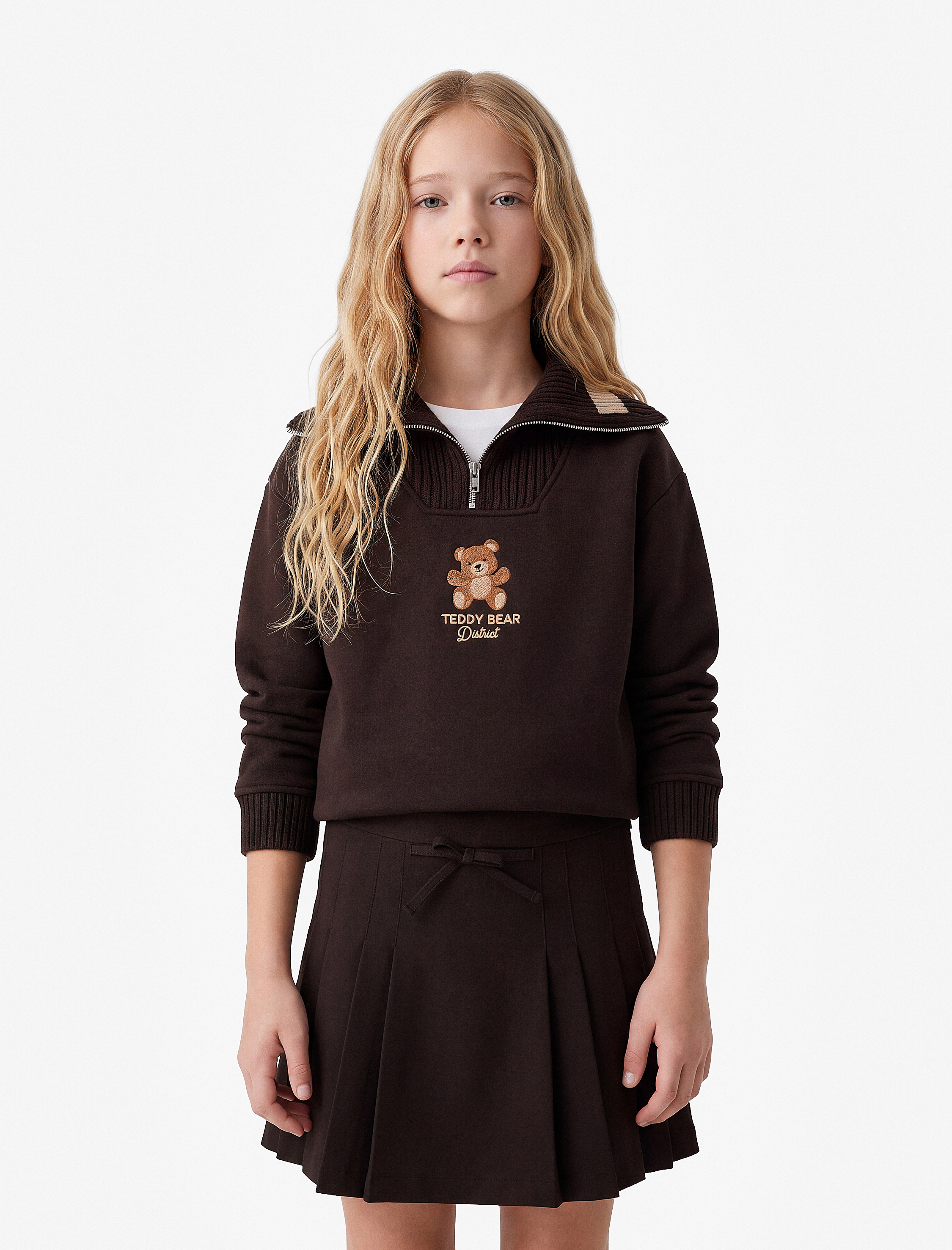  Kız Çocuk Ayıcık Nakışlı Üç İplik Şardonlu Uzun Kollu Fermuarlı Yaka Sweatshirt