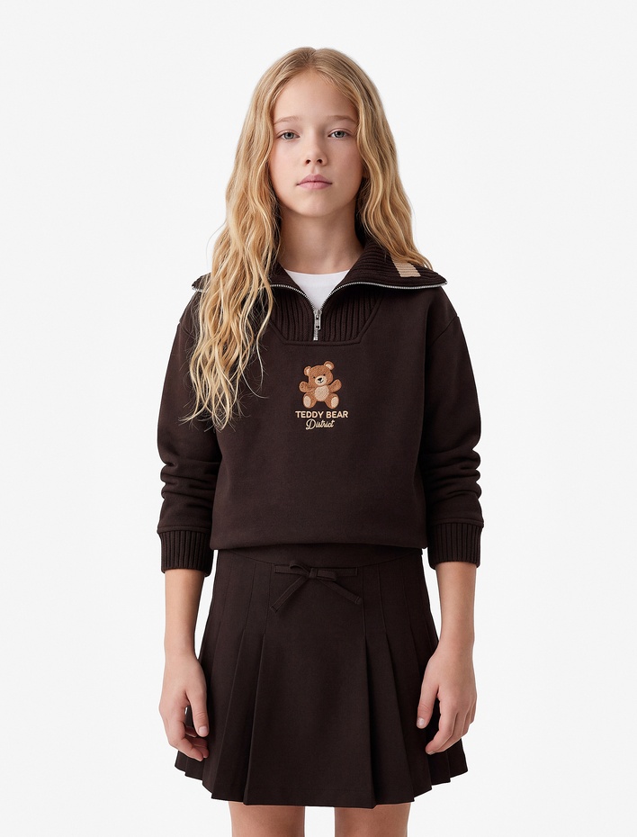 Kız Çocuk Ayıcık Nakışlı Üç İplik Şardonlu Uzun Kollu Fermuarlı Yaka Sweatshirt