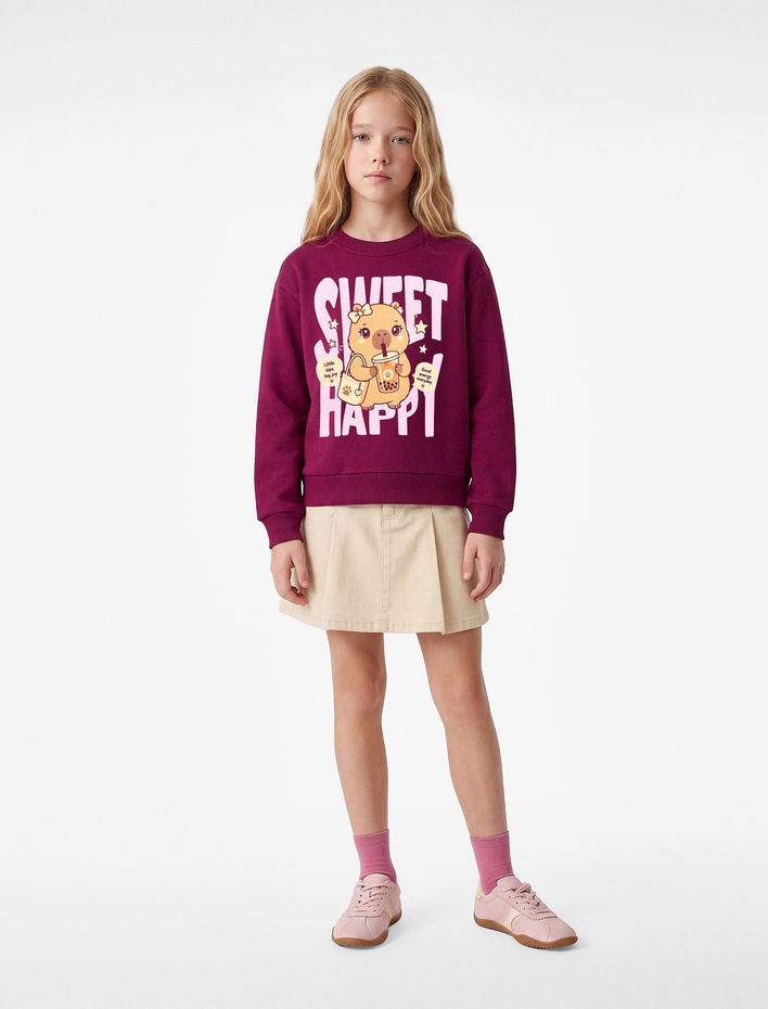 Kız Çocuk Baskılı Uzun Kollu Bisiklet Yaka Şardonlu Sweatshirt