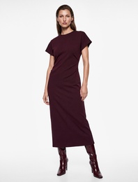 Slim Fit Kısa Kollu Dik Yaka Pamuklu Drapeli Midi Bodycon Elbise