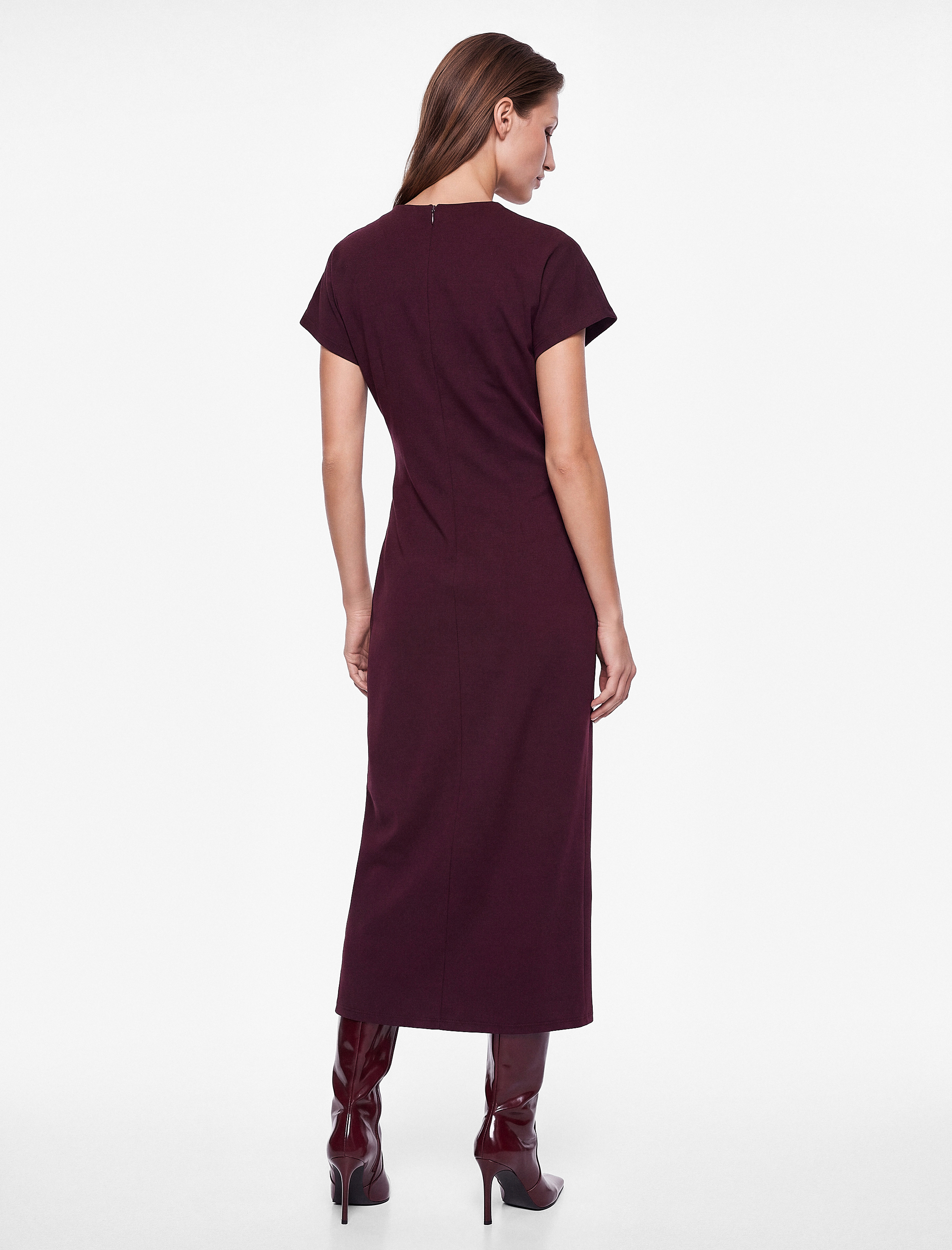   Slim Fit Kısa Kollu Dik Yaka Pamuklu Drapeli Midi Bodycon Elbise