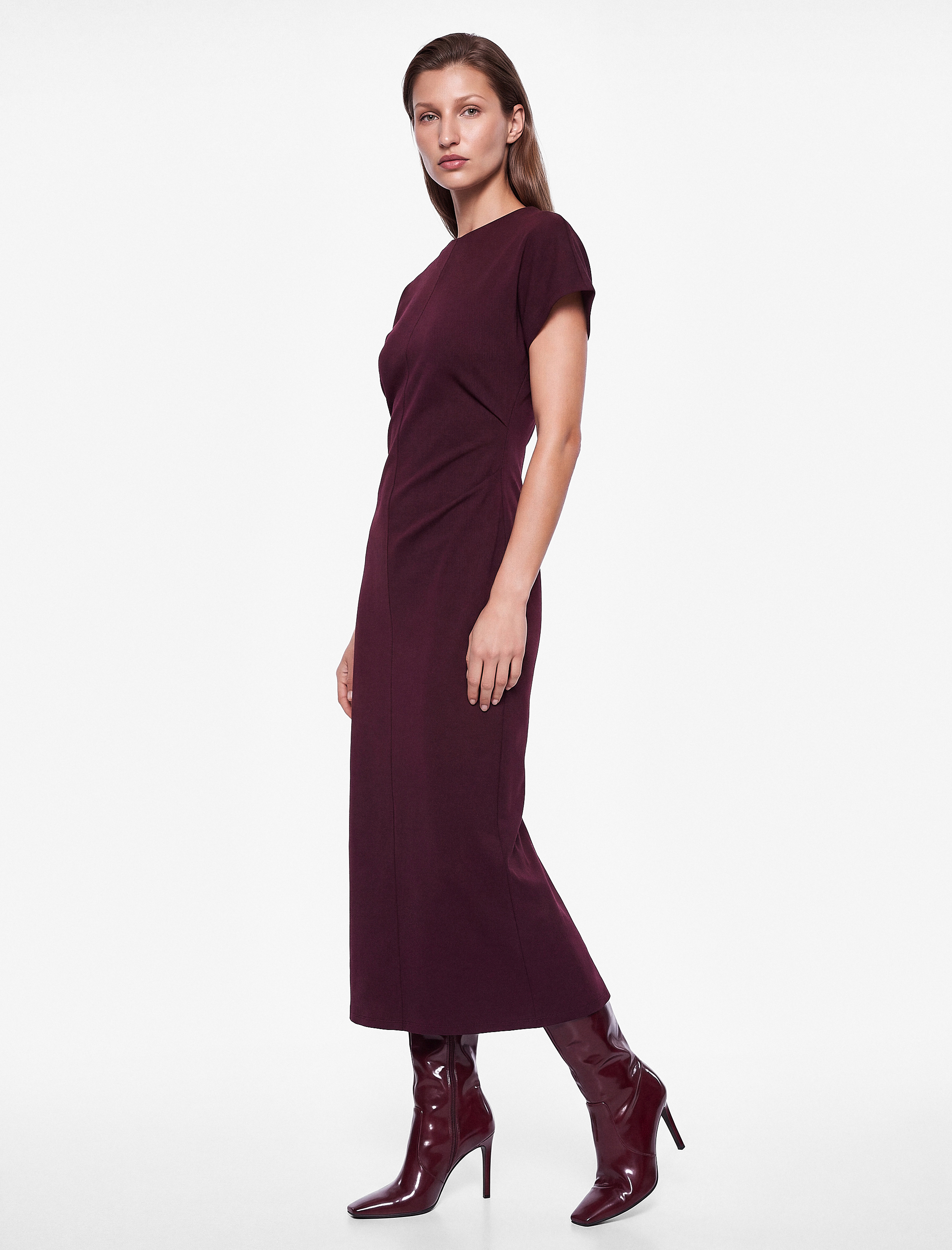  Slim Fit Kısa Kollu Dik Yaka Pamuklu Drapeli Midi Bodycon Elbise