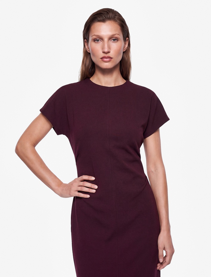  Slim Fit Kısa Kollu Dik Yaka Pamuklu Drapeli Midi Bodycon Elbise