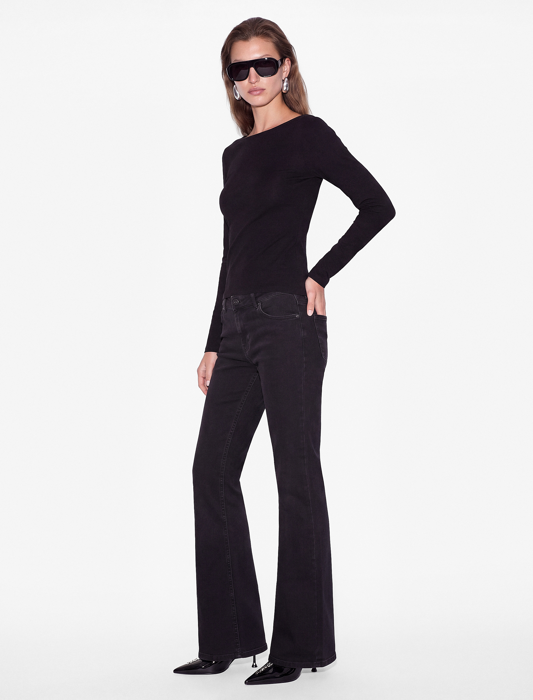   Viskon Slim Fit Sırt Detaylı Bisiklet Yaka Uzun Kollu Bluz
