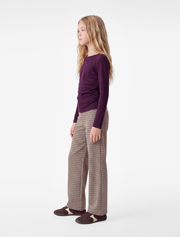 Kız Çocuk Büzgülü Slim Fit Pamuklu Bisiklet Yaka Uzun Kollu Tişört