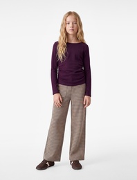 Büzgülü Slim Fit Pamuklu Bisiklet Yaka Uzun Kollu Tişört