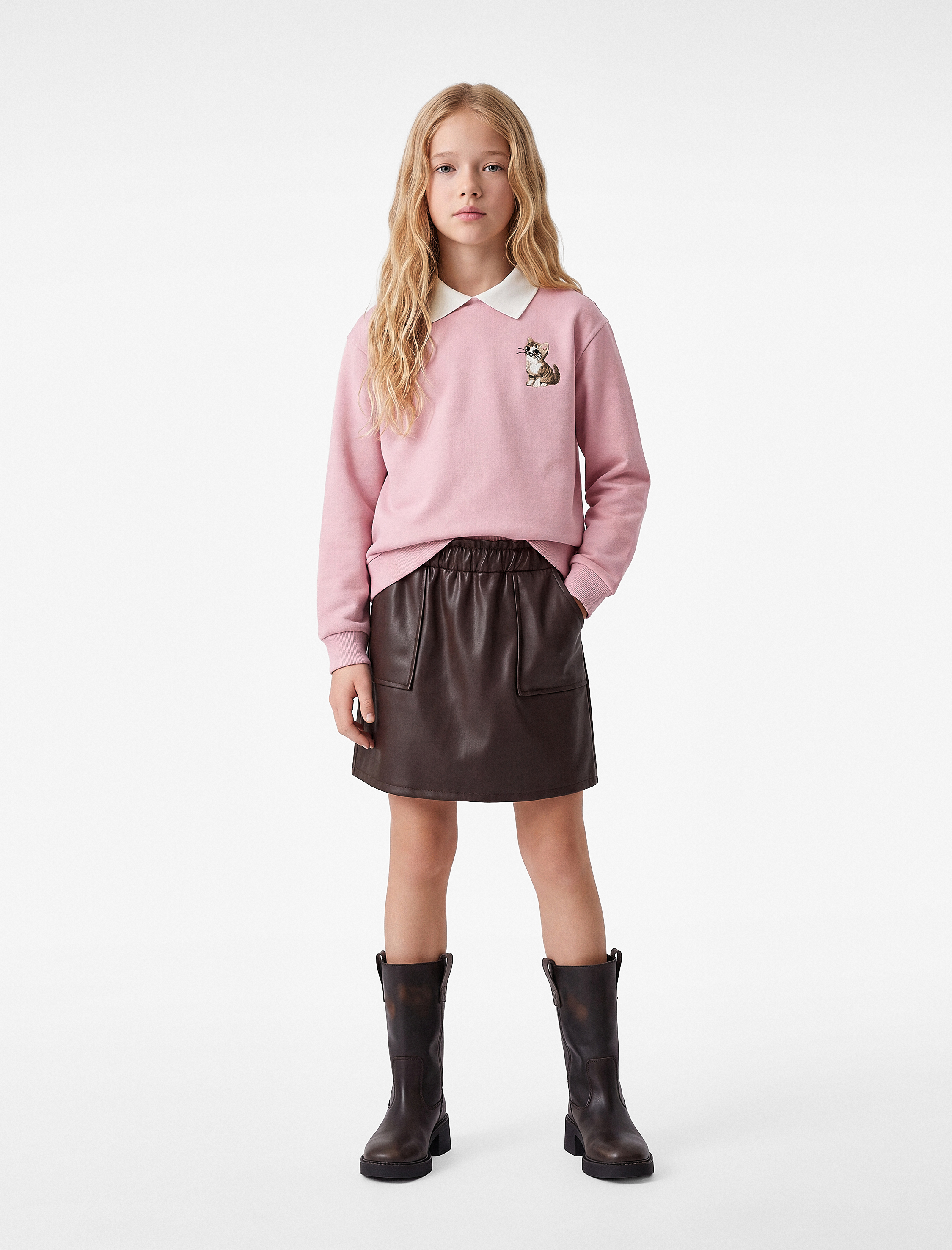  Kız Çocuk Kedi Nakışlı Uzun Kollu Polo Yaka Sweatshirt