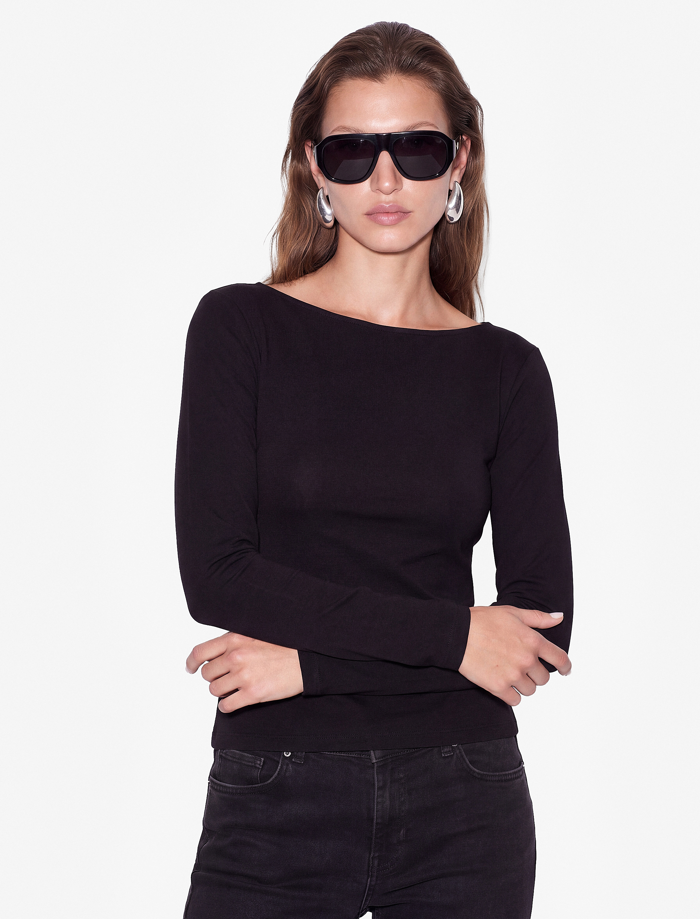   Viskon Slim Fit Sırt Detaylı Bisiklet Yaka Uzun Kollu Bluz