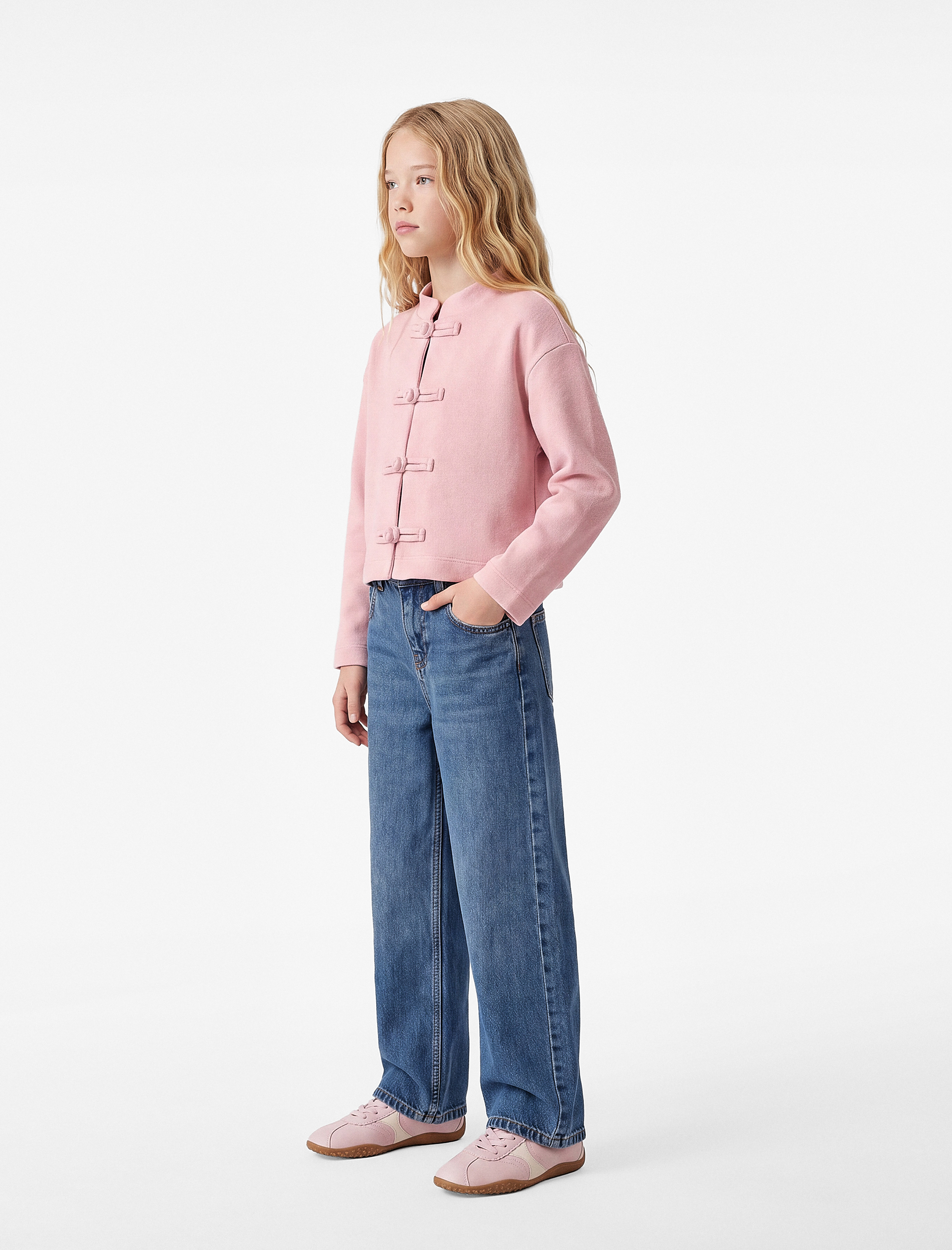  Kız Çocuk Süslü Düğmeli Uzun Kollu Mandarin Yaka Sweatshirt