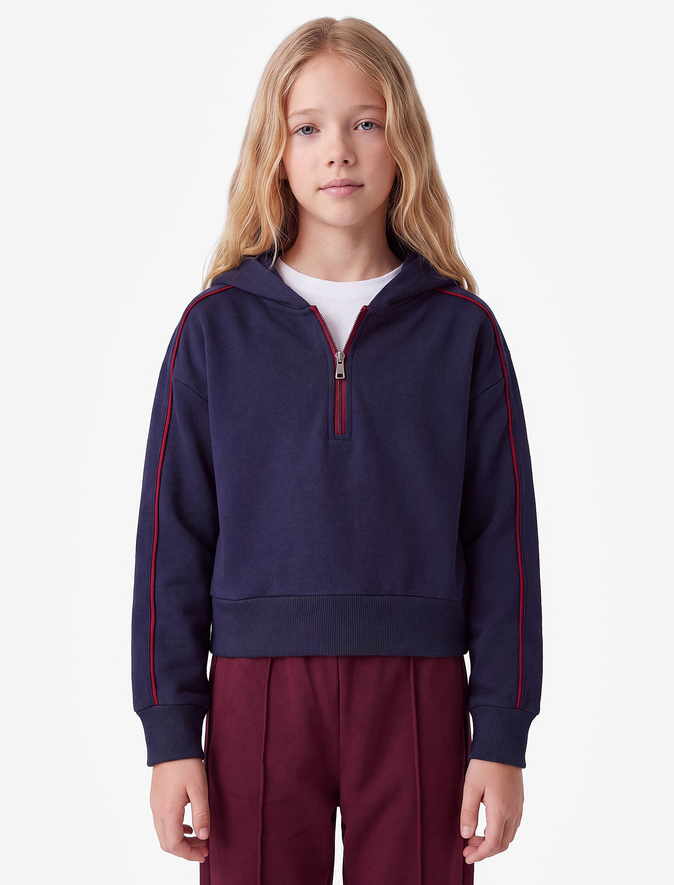  Kız Çocuk Biyeli Modal Kumaş Yarım Fermuarlı Uzun Kollu Kapüşonlu Sweatshirt