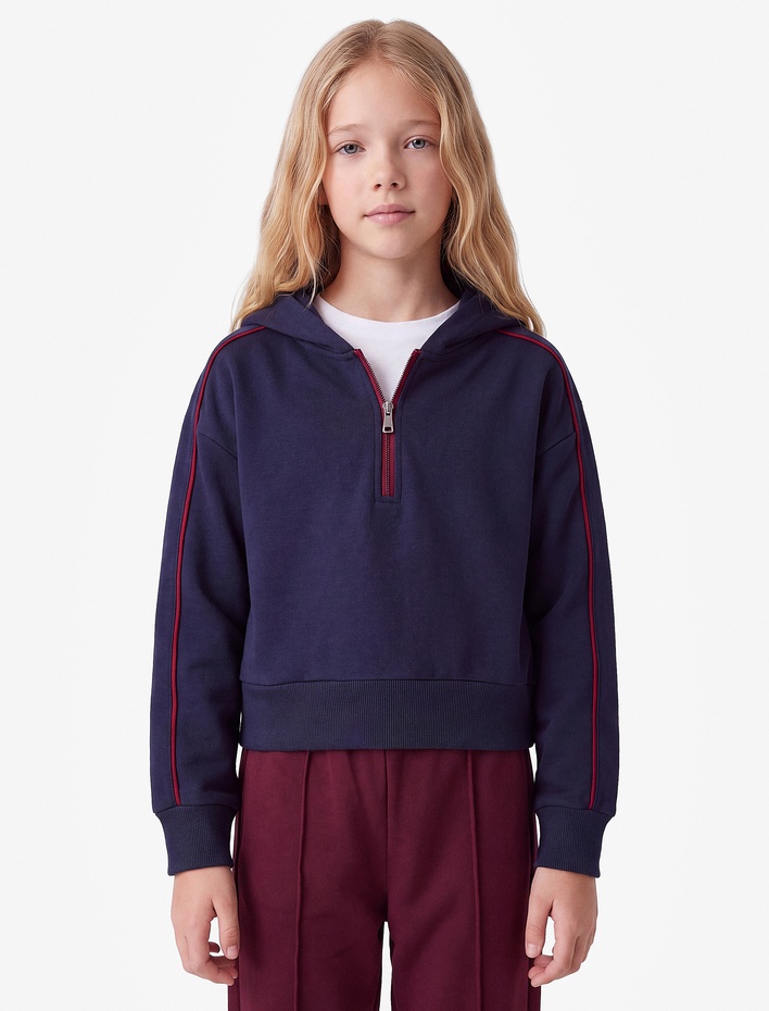 Kız Çocuk Biyeli Modal Kumaş Yarım Fermuarlı Uzun Kollu Kapüşonlu Sweatshirt