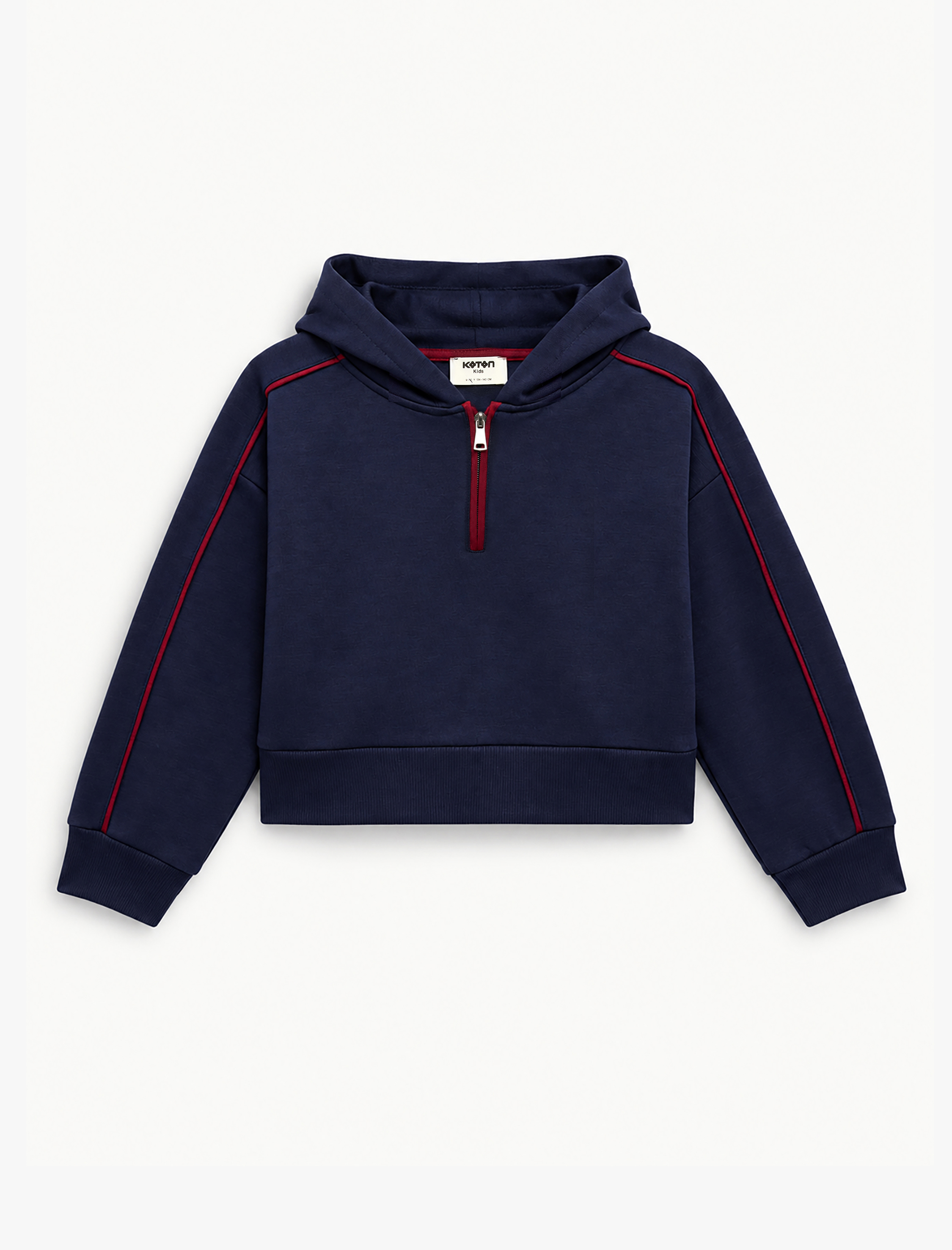  Kız Çocuk Biyeli Modal Kumaş Yarım Fermuarlı Uzun Kollu Kapüşonlu Sweatshirt