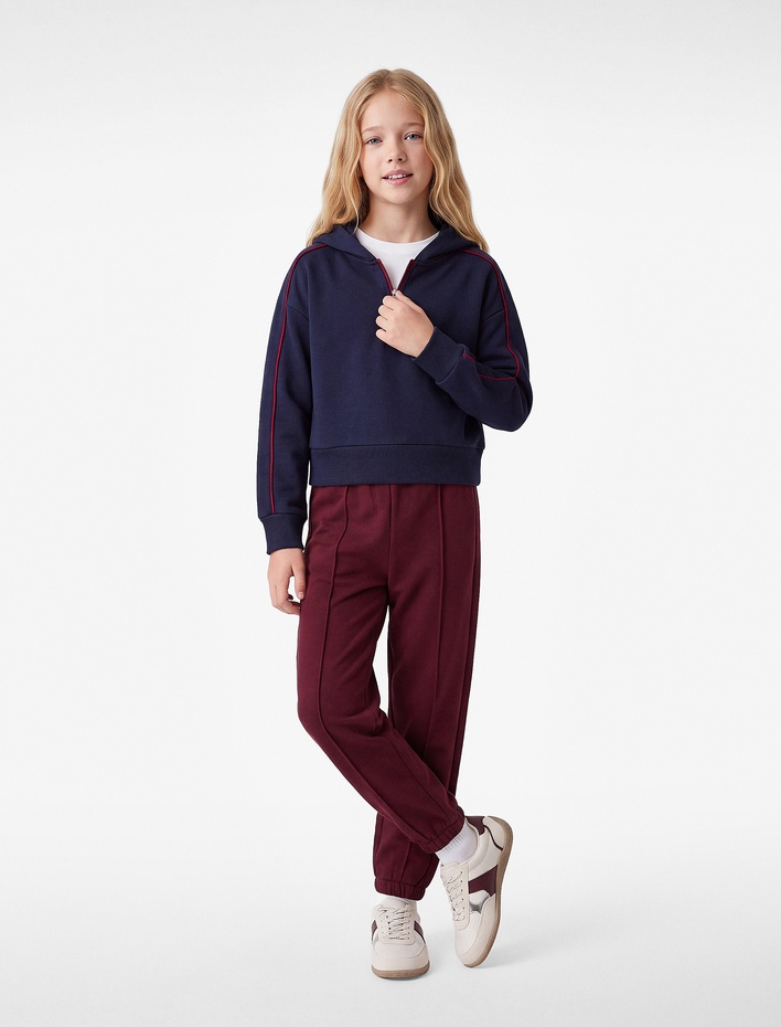 Kız Çocuk Biyeli Modal Kumaş Yarım Fermuarlı Uzun Kollu Kapüşonlu Sweatshirt