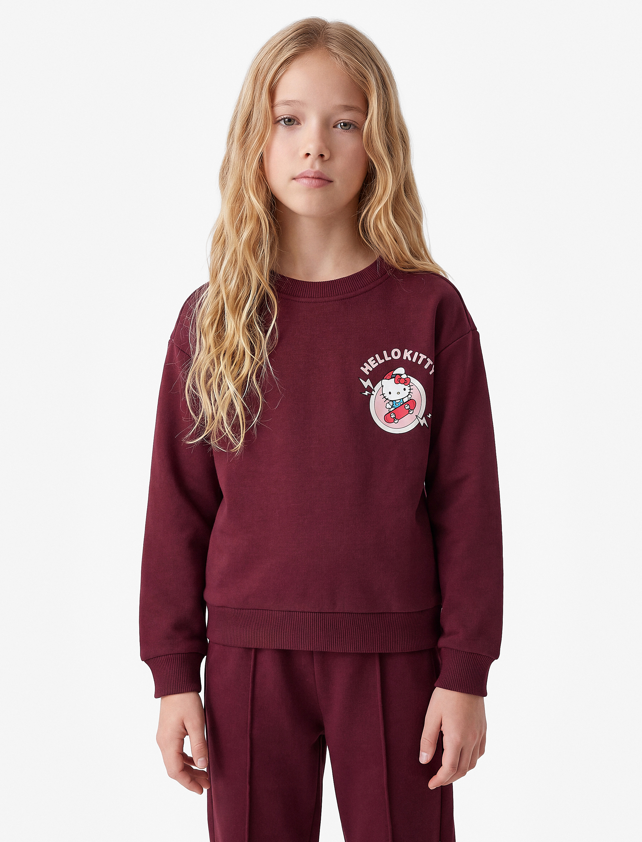  Kız Çocuk Hello Kitty Lisanslı Baskılı Şardonlu Bisiklet Yaka Uzun Kollu Sweatshirt