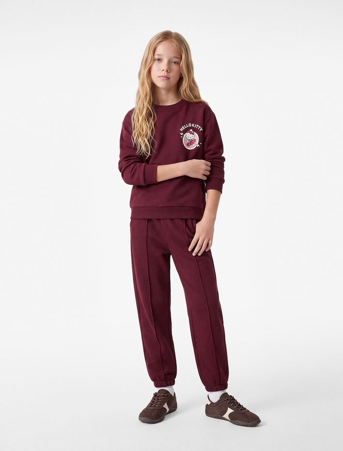 Kız Çocuk Hello Kitty Lisanslı Baskılı Şardonlu Bisiklet Yaka Uzun Kollu Sweatshirt
