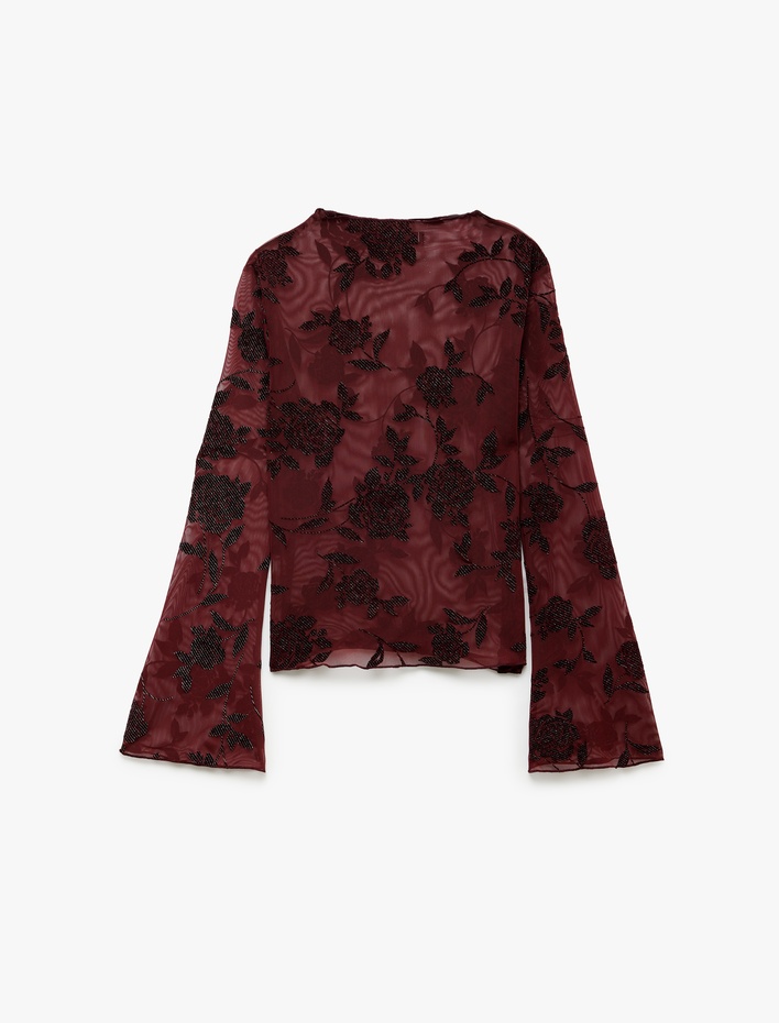  Transparan Simli Tül Bluz Slim Fit Kayık Yaka Uzun Kollu Floral Dokulu