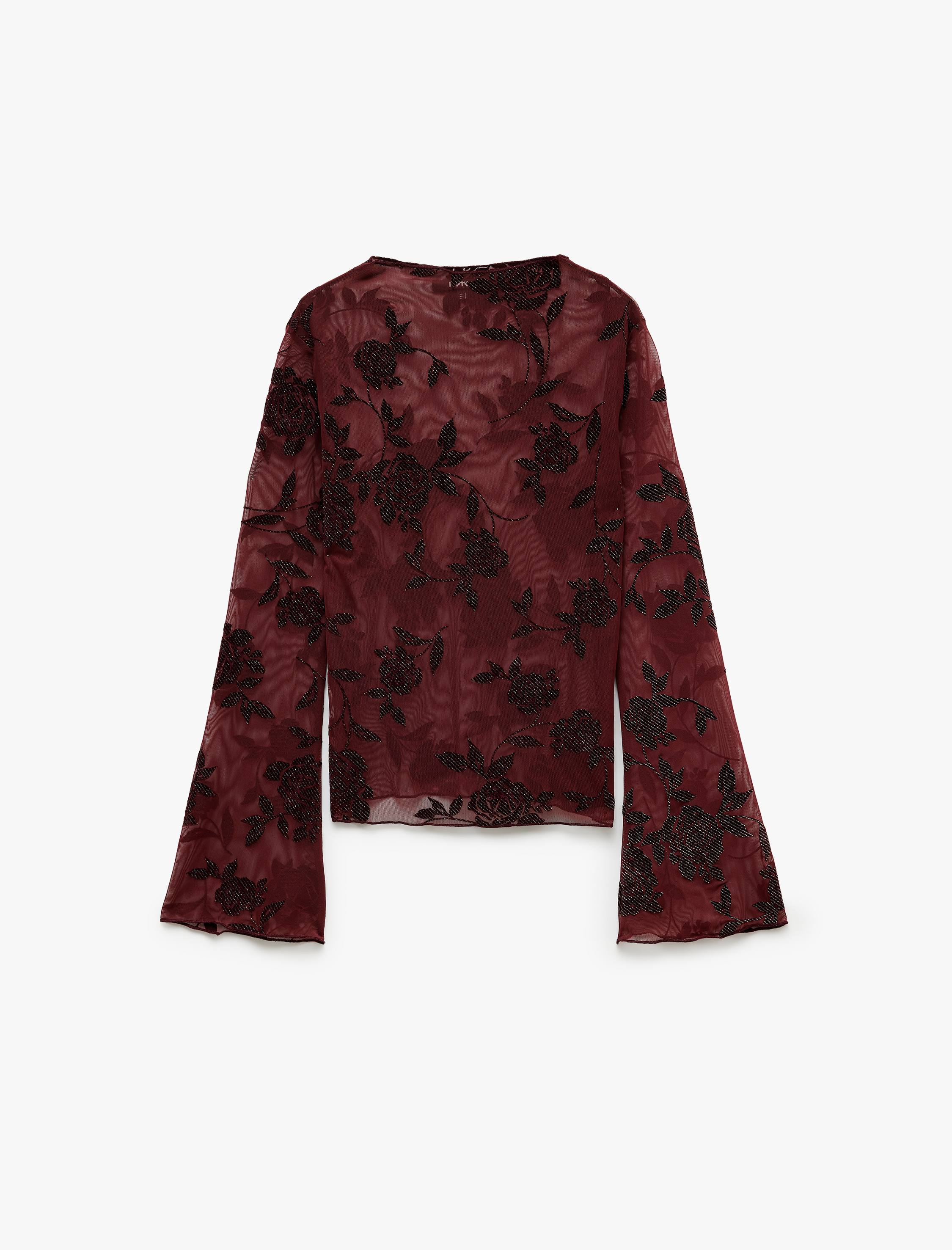   Transparan Simli Tül Bluz Slim Fit Kayık Yaka Uzun Kollu Floral Dokulu