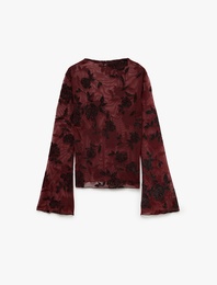 Transparan Simli Tül Bluz Slim Fit Kayık Yaka Uzun Kollu Floral Dokulu