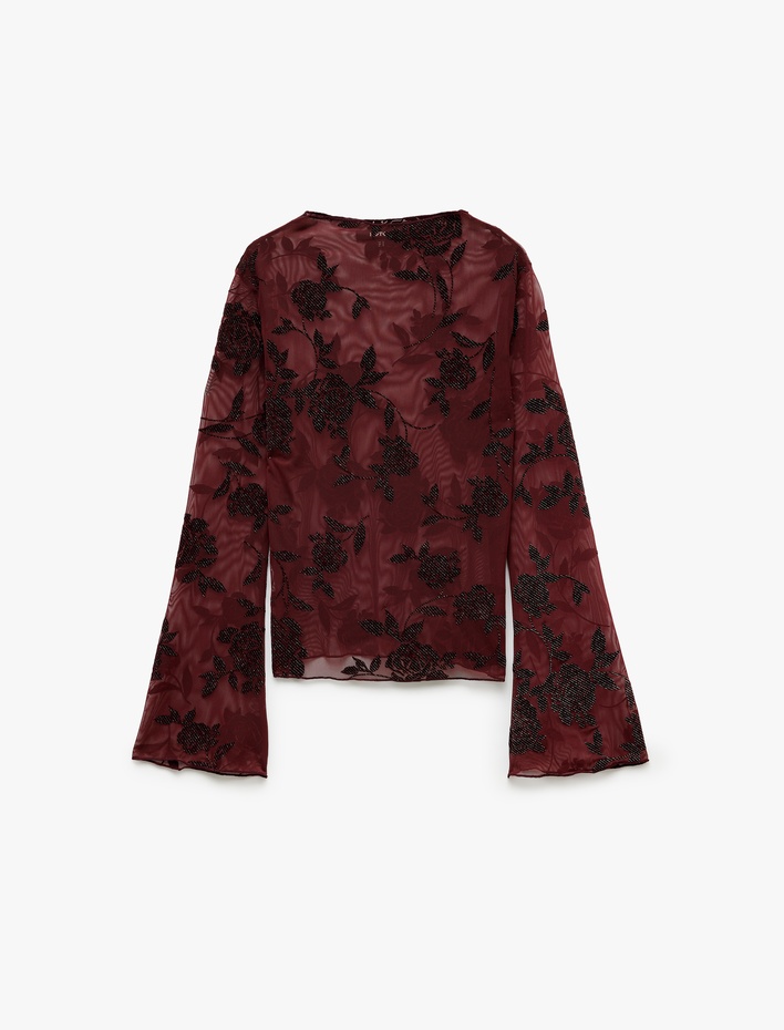  Transparan Simli Tül Bluz Slim Fit Kayık Yaka Uzun Kollu Floral Dokulu