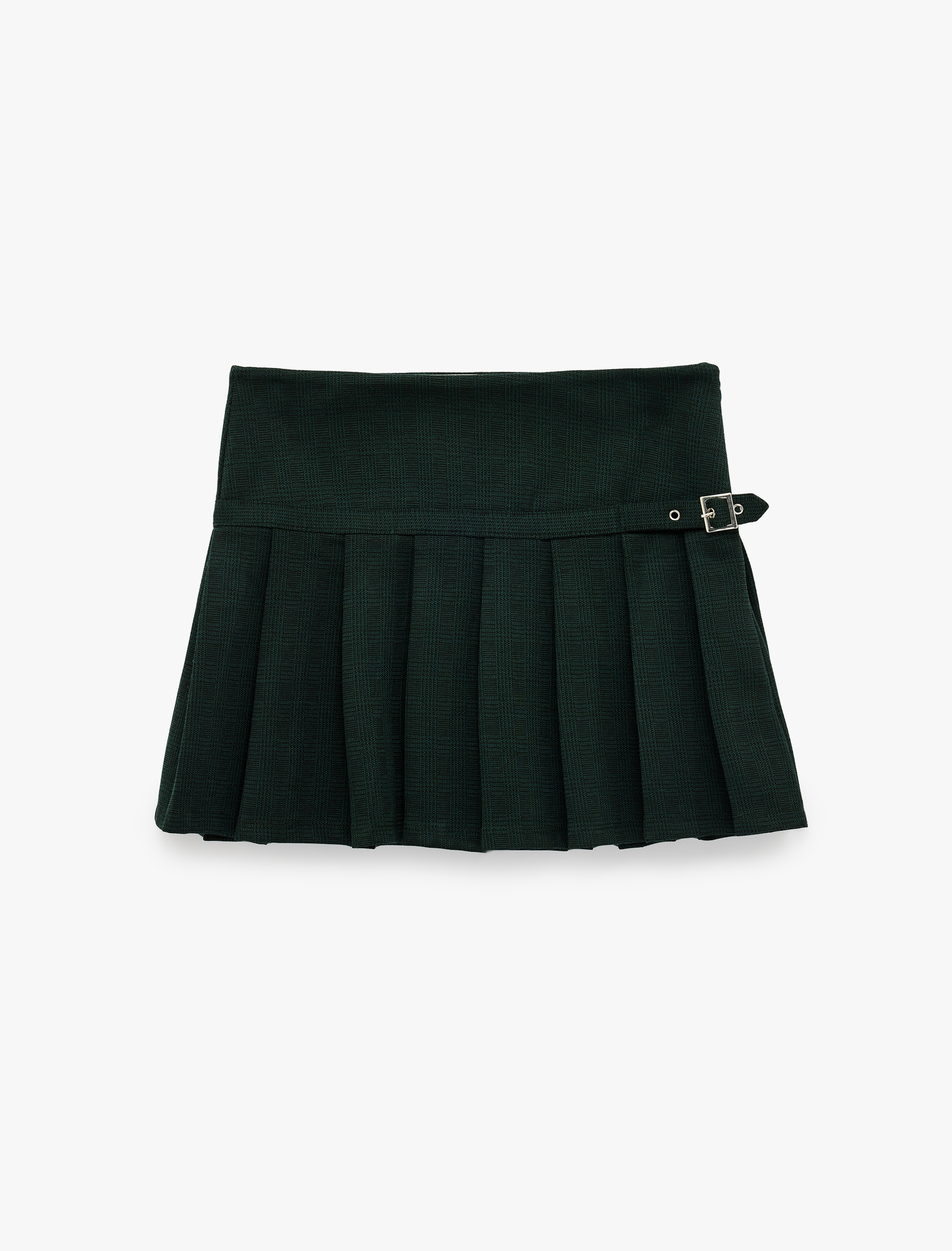   Slim Fit Metal Toka Detaylı Pileli Mini Etek