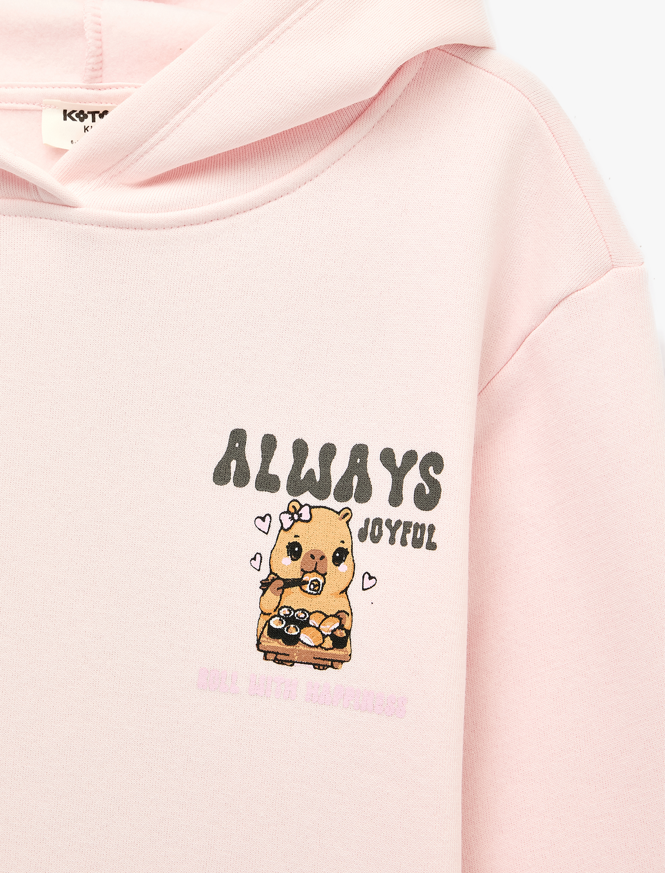  Kız Çocuk Üç İplik Şardonlu Kapşonlu Uzun Kollu Ayıcık Baskılı Sweatshirt