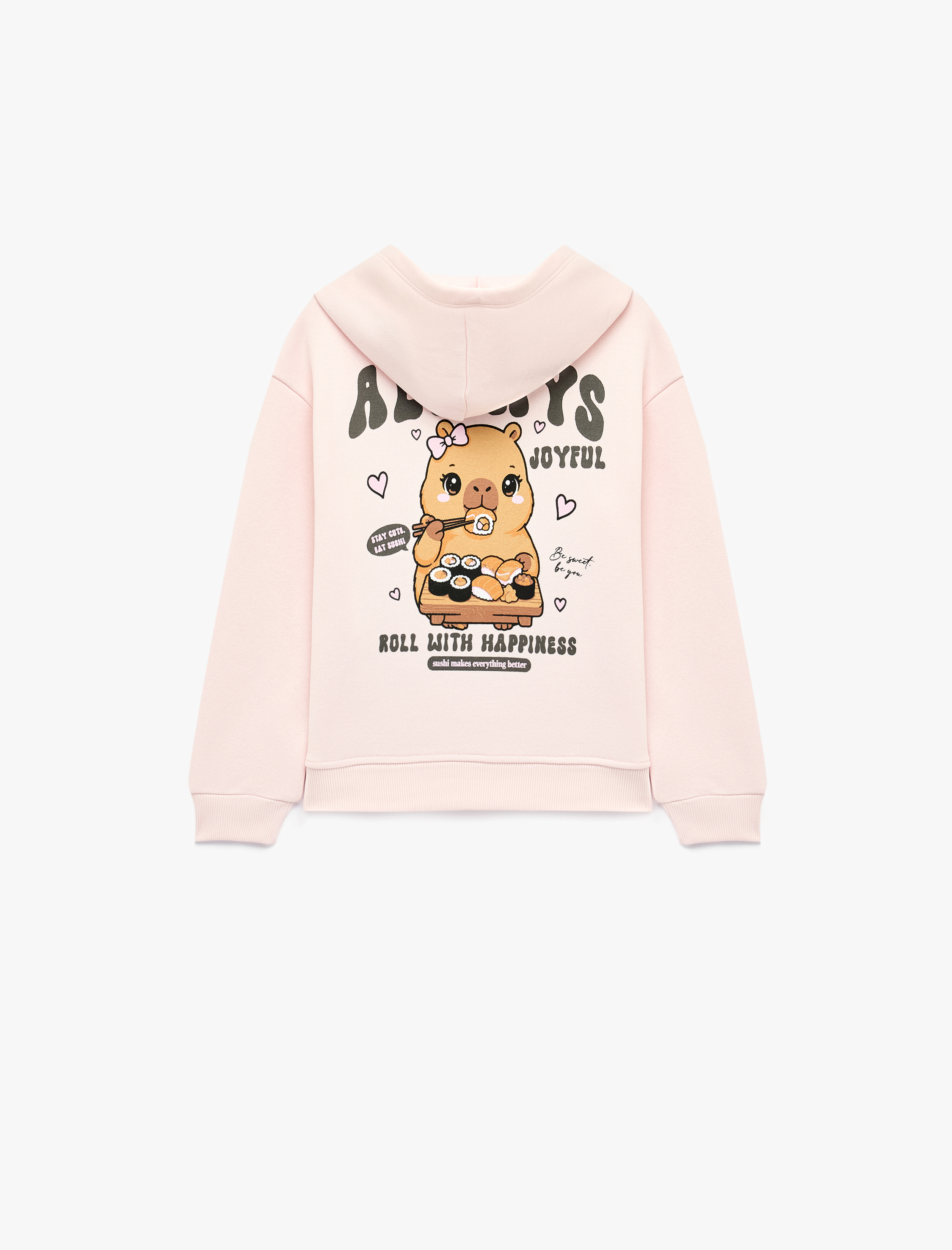  Kız Çocuk Üç İplik Şardonlu Kapşonlu Uzun Kollu Ayıcık Baskılı Sweatshirt
