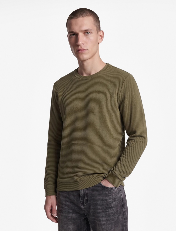  Pamuklu Uzun Kollu Dokulu Basic Bisiklet Yaka Sweatshirt