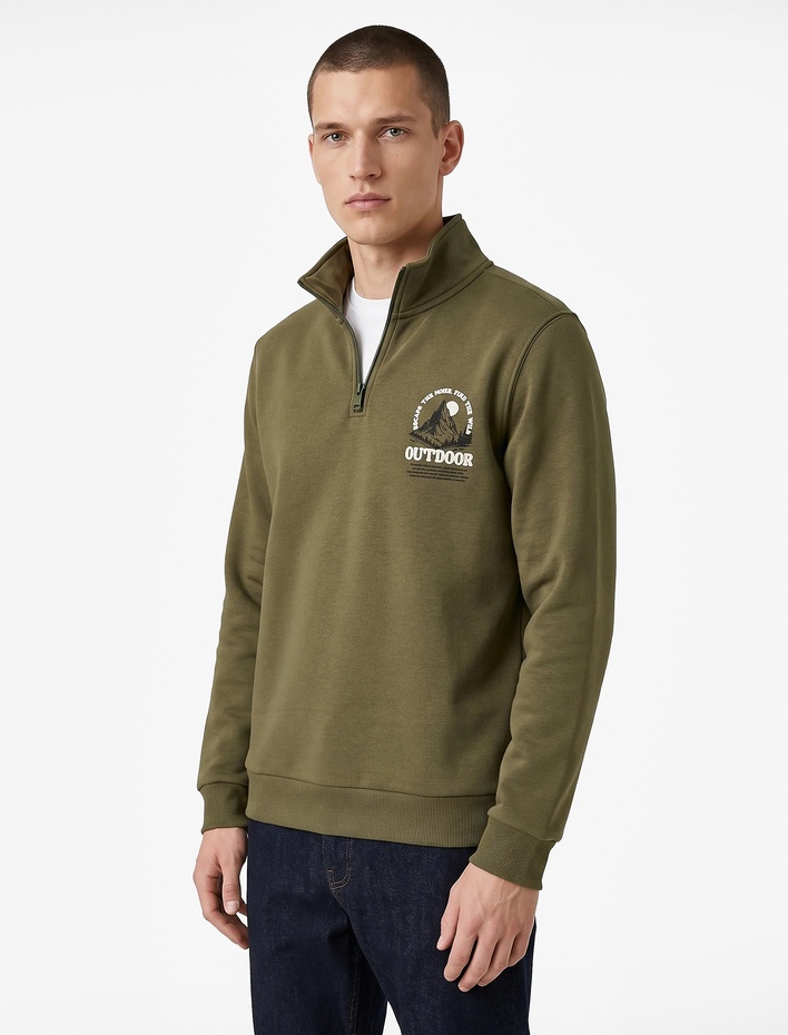  Baskılı Yarım Fermuarlı Şardonlu Uzun Kollu Dik Yaka Sweatshirt