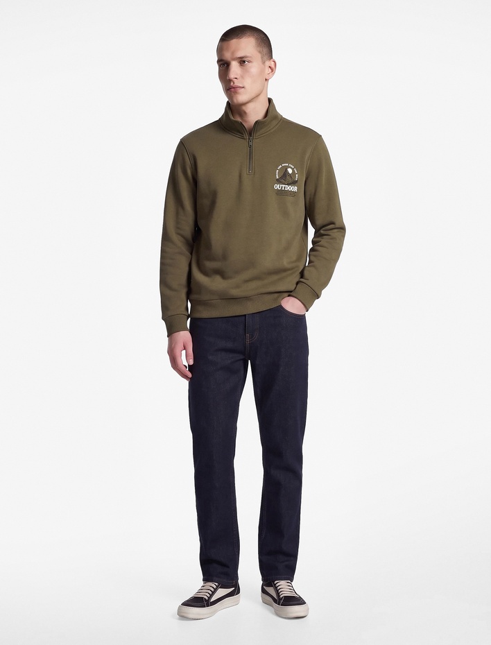  Baskılı Yarım Fermuarlı Şardonlu Uzun Kollu Dik Yaka Sweatshirt