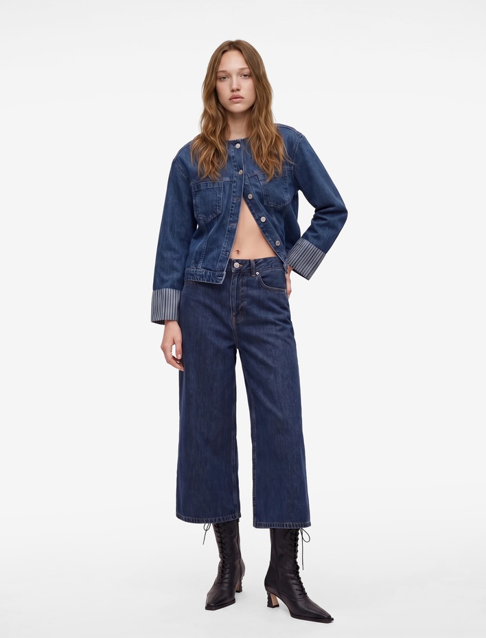  Normal Bel Cepli Rahat Kalıp Pamuklu Krop Geniş Paça Denim Pantolon - Culotte Jeans