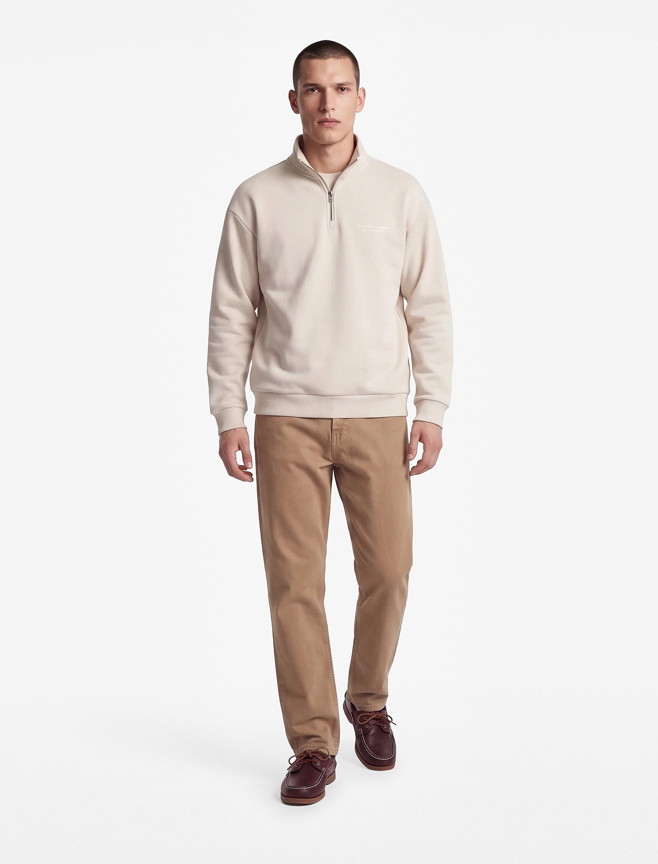   Uzun Kollu Üç İplik Şardonlu Rahat Kalıp Baskılı Yarım Fermuarlı Yaka Sweatshirt