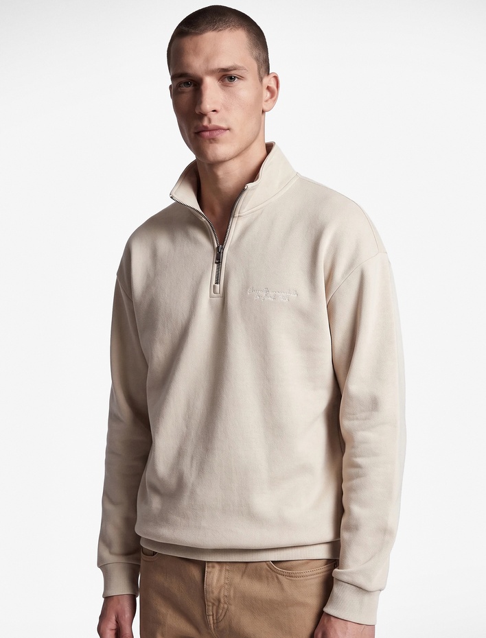  Uzun Kollu Üç İplik Şardonlu Rahat Kalıp Baskılı Yarım Fermuarlı Yaka Sweatshirt