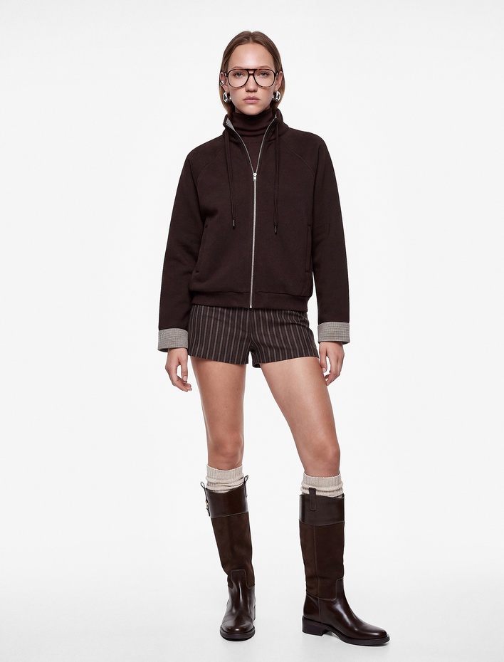  Şardonlu Ekose Detaylı Dik Yaka Fermuarlı Reglan Kollu Sweatshirt