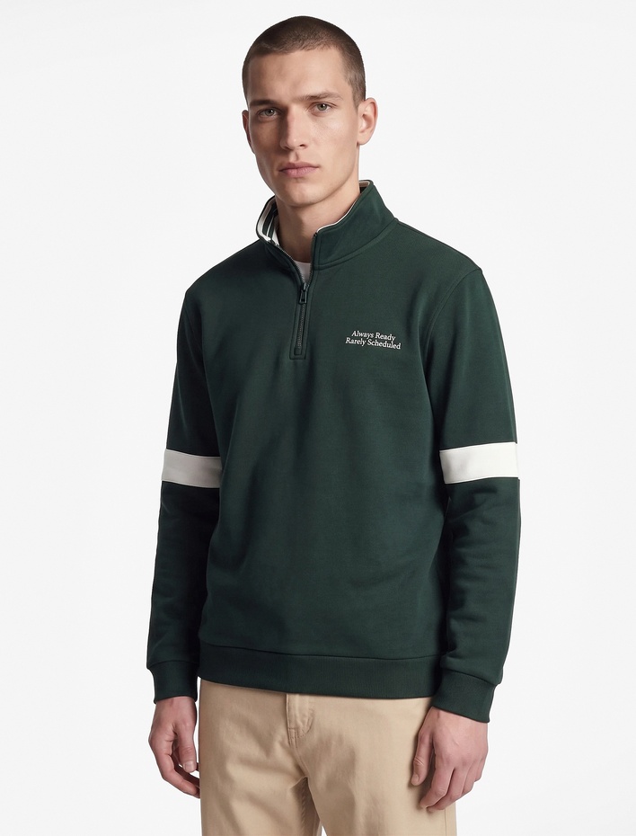  Şardonlu Uzun Kollu Kolej Nakışlı Renk Kontrastlı Yarım Fermuarlı Sweatshirt