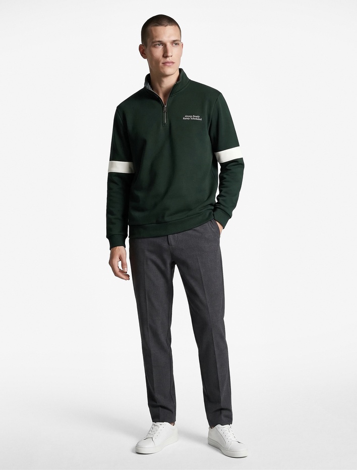  Şardonlu Uzun Kollu Kolej Nakışlı Renk Kontrastlı Yarım Fermuarlı Sweatshirt