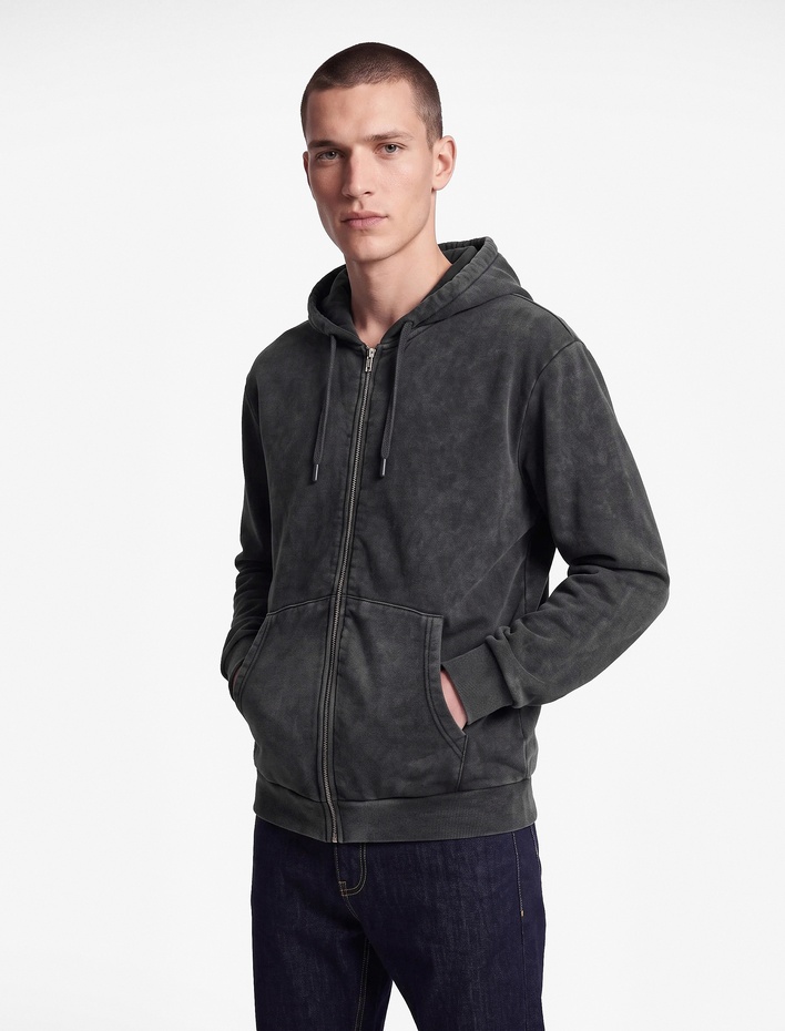  Rahat Kalıp Üç İplik Şardonlu Yıkamalı Fermuarlı Kapşonlu Sweatshirt