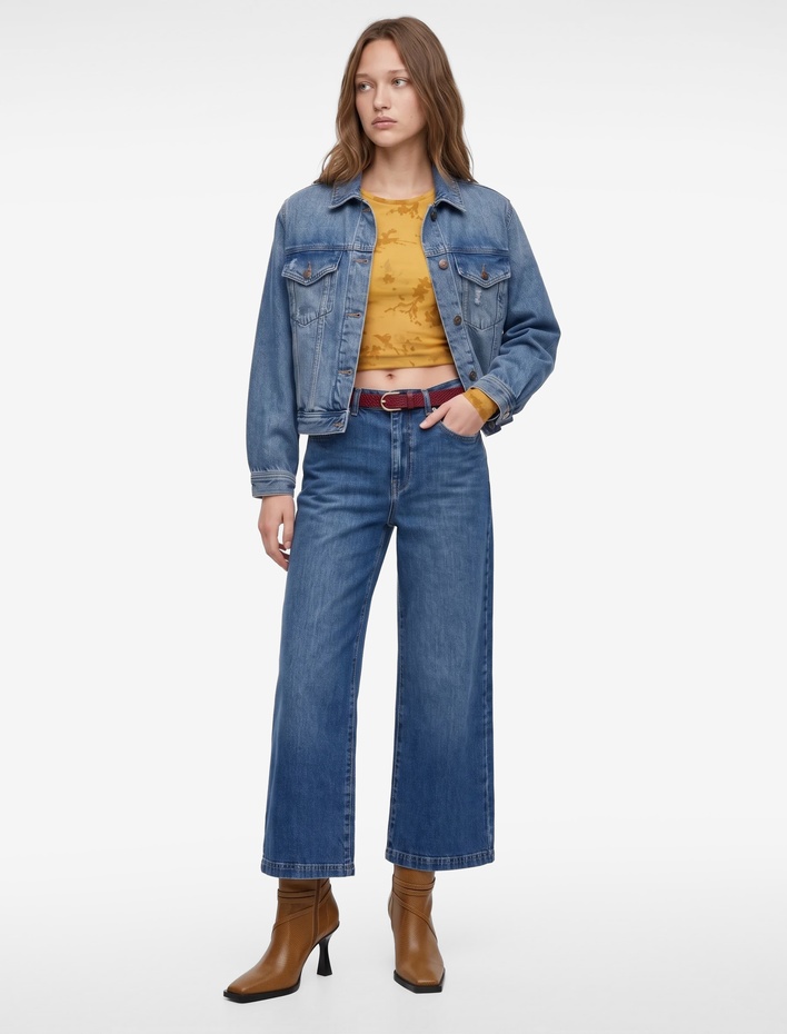  Kemerli Cepli Normal Bel Pamuklu Kısa Geniş Paça Denim Pantolon - Crop Wide Leg Jeans