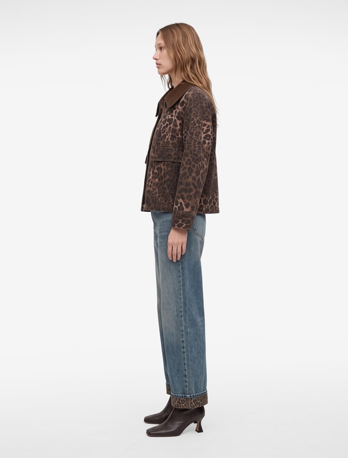  Leopar Baskılı Katlı Paçalı Pamuklu Düz Paça Denim Pantolon - Straight Fit Jean