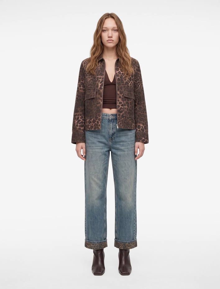  Leopar Baskılı Katlı Paçalı Pamuklu Düz Paça Denim Pantolon - Straight Fit Jean