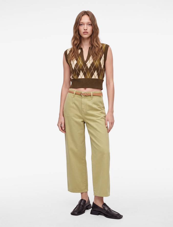  Pamuklu Geniş Paça Kemerli Crop Pantolon - Wide Leg Jeans