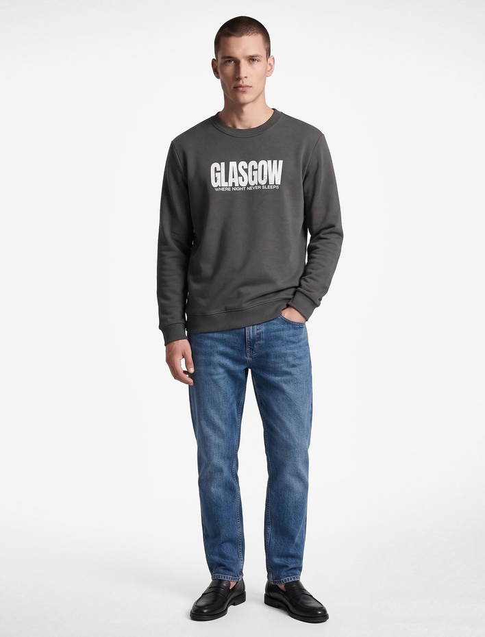  Üç İplik Şardonlu Rahat Kalıp Bisiklet Yaka Yıkamalı Baskılı Sweatshirt