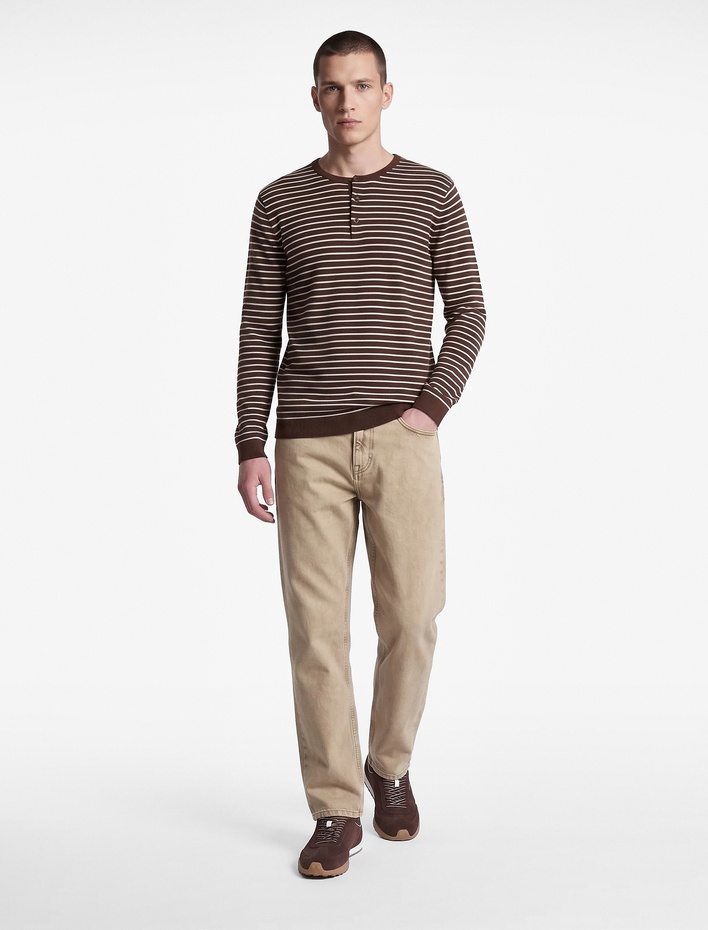  Regular Fit Uzun Kollu Çizgili Henley Yaka Triko Kazak