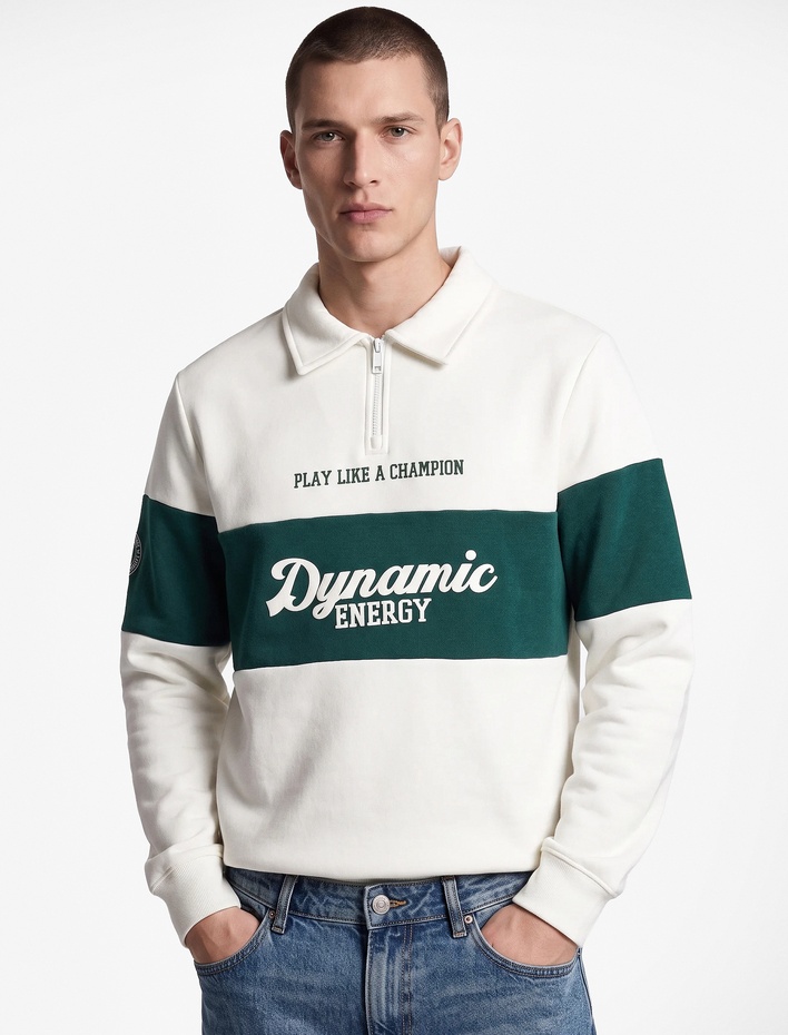  Uzun Kollu Üç İplik Şardonlu Renk Bloklu Yarım Fermuarlı Polo Yaka Baskılı Sweatshirt